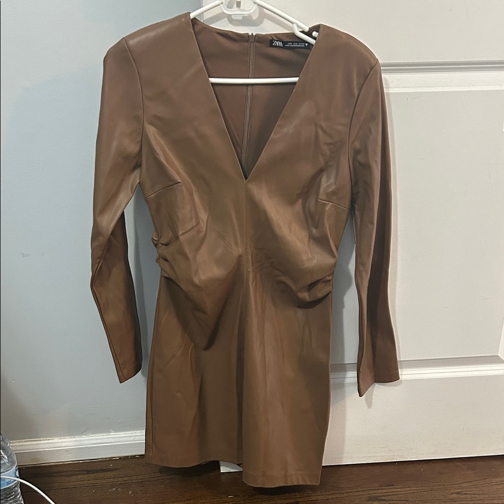 Zara Tan Faux Leather Long Sleeve Dress